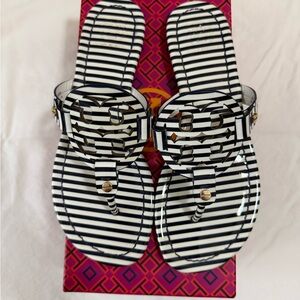 Tory Burch Black and White Striped Logo Jelly Thong Sandals